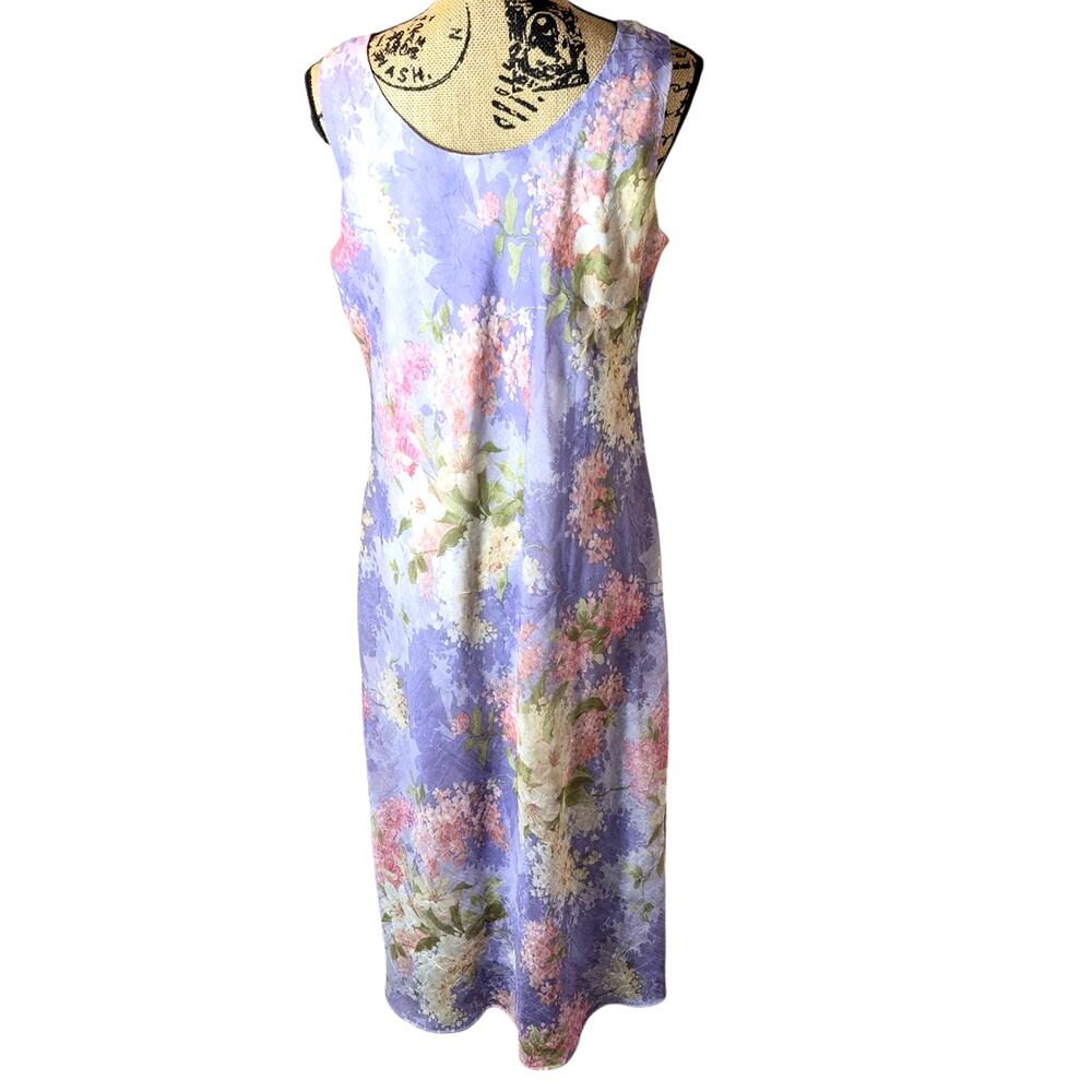 Vintage 90s Crinkle Chiffon Slip Dress Lilac Floral Sleeveless Midi Dress 14